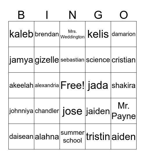 6 grade summer BINGO Card