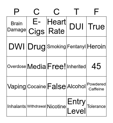 Substance Use Knowledge Bingo Card