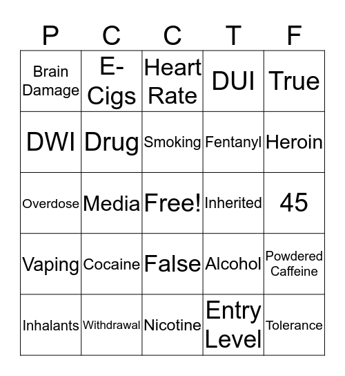 Substance Use Knowledge Bingo Card