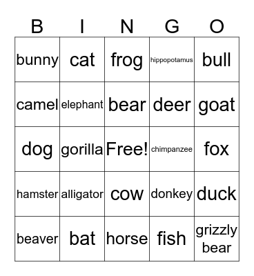 Animal Bingo Card