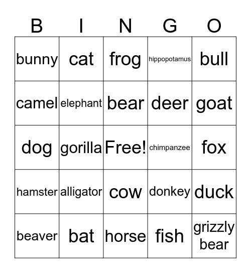 Animal Bingo Card