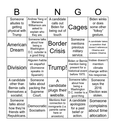 Democratic Debate Bingo Card