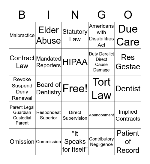 Dentistry and the Law Bingo Card