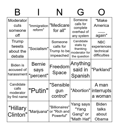 #DEMDEBATE Bingo Card