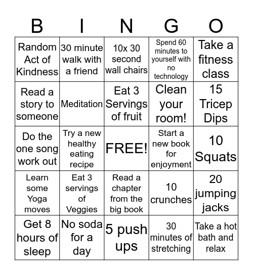 Healthy Lifestyle Bingo Card