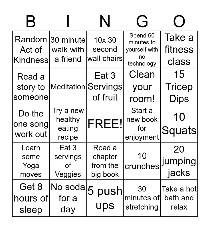 Healthy Lifestyle Bingo Card