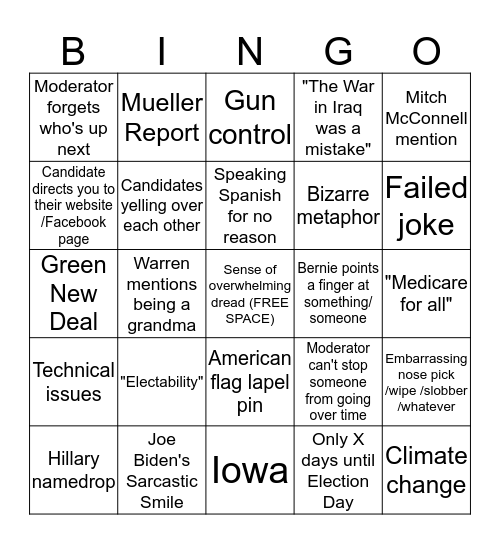 Democratic Debates Bingo Card