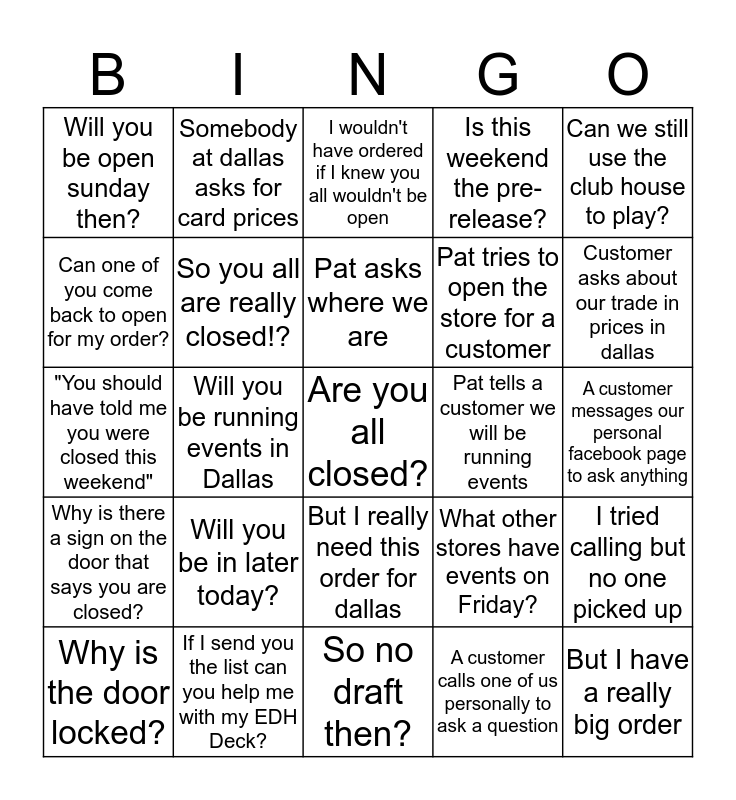 Pat's Staff Bingo Card