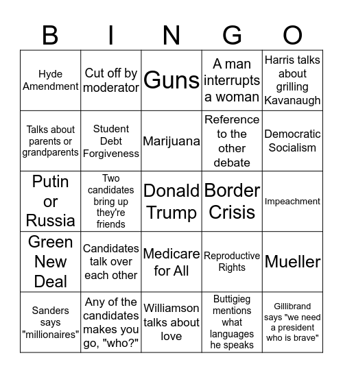 Democratic Debate Day 2 Bingo Card