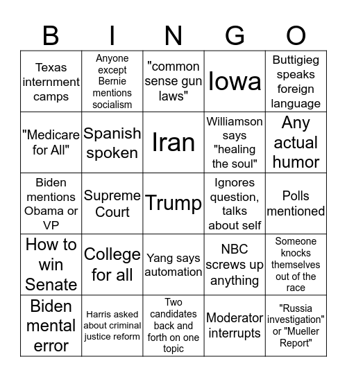 Democratic Debate Day 2 Bingo Card