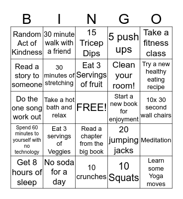 Healthy Lifestyle Bingo Card