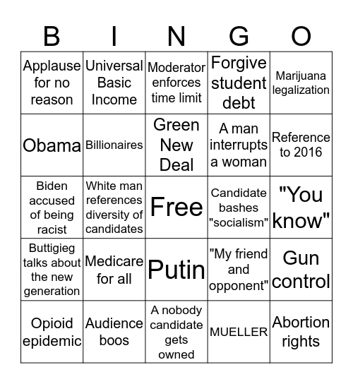 Democratic Primary Debate Bingo Card