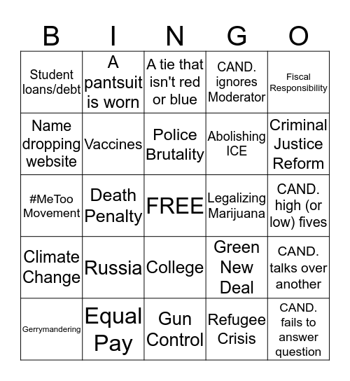DEMOCRATIC DEBATE BINGO 2019 Bingo Card
