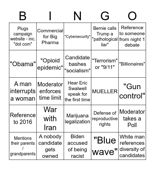 Democratic Primary Debate Bingo Card