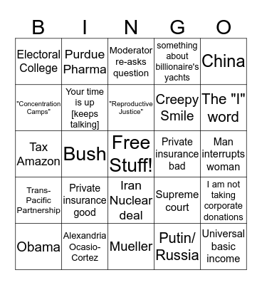 Democratic Debate Bingo Card