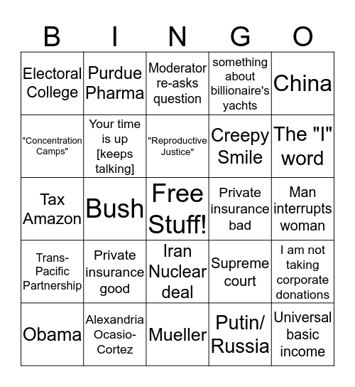 Democratic Debate Bingo Card