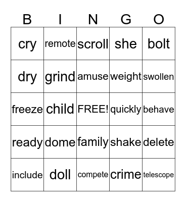 Action Reading Bingo Card