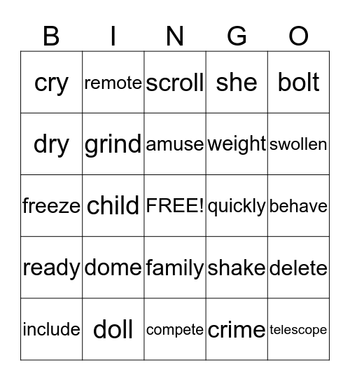 Action Reading Bingo Card