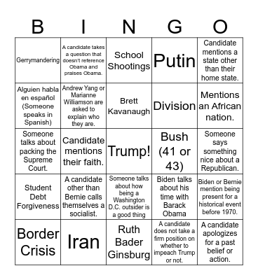 Democratic Debate Bingo Card