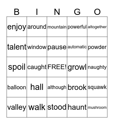 Action Reading Bingo Card