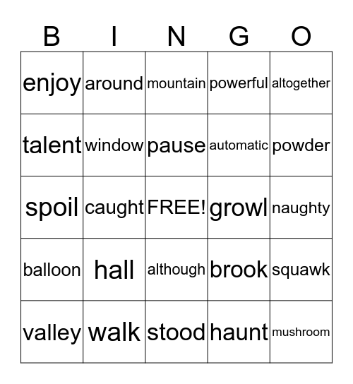 Action Reading Bingo Card