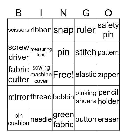 Sewing Bingo Card