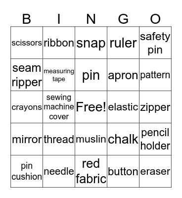 Sewing Bingo Card