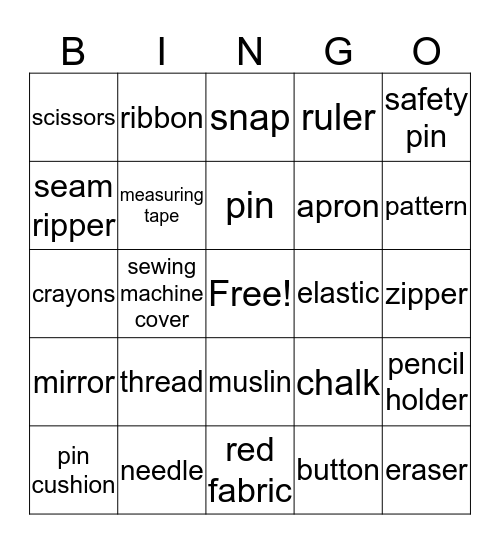 Sewing Bingo Card