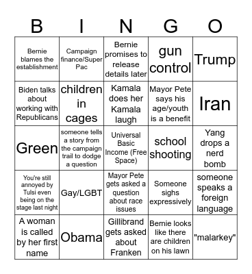 Democratic Debate Night Two Bingo Card