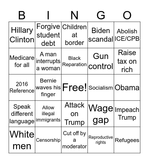Dem Debate Night 2 Bingo Card