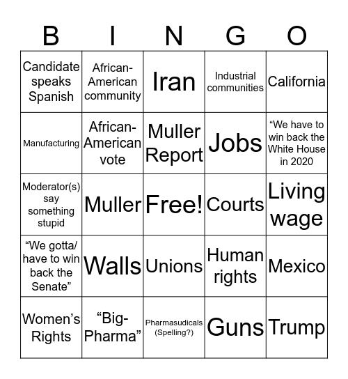 Democratic Debate Semi Fnal II Bingo Card