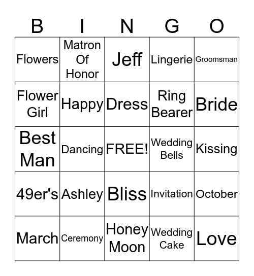 Ashley's Bridal Shower Bingo Card