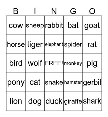 Animal Bingo Card