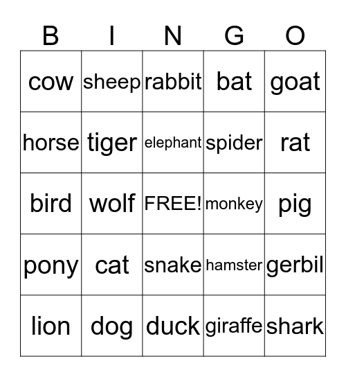 Animal Bingo Card