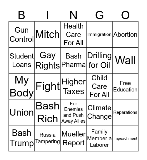 Democratic Debate Bingo Card
