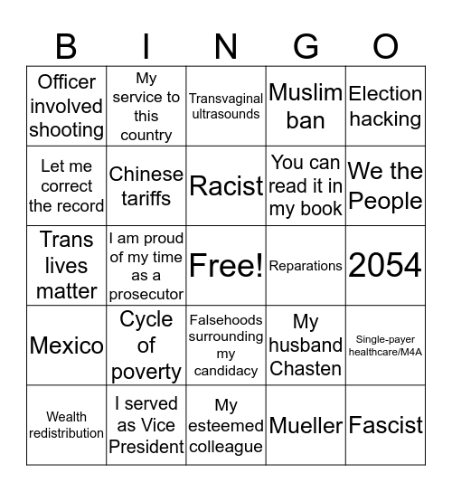 Dem Debate Night Two Bingo Card