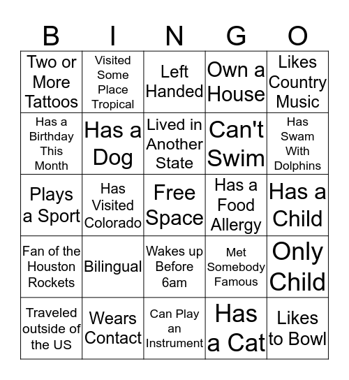 Getting to Know You Bingo Card