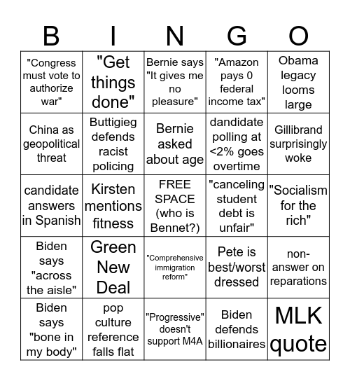 2020 Debate 1.2 Bingo Card