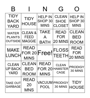 BINGO CHORES Bingo Card