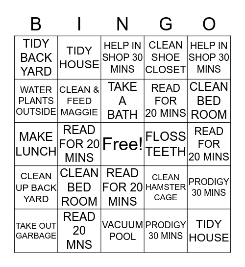 BINGO CHORES Bingo Card