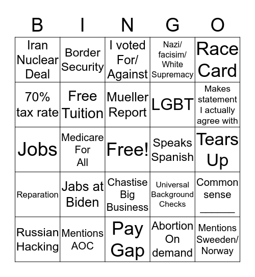 DNC Presidential Debate Rd #2 Bingo Card
