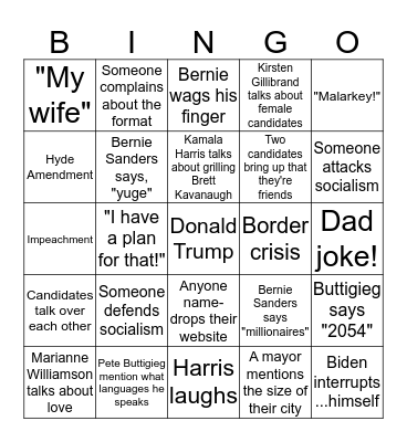 Democratic Primary Debate Bingo Card