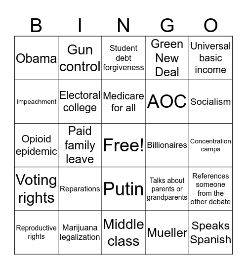 Debate Bingo 2019 Bingo Card