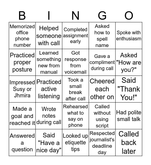 Phone Etiquette Bingo Card