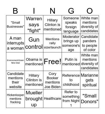 Democratic Debate June 2019: Night 2 Bingo Card