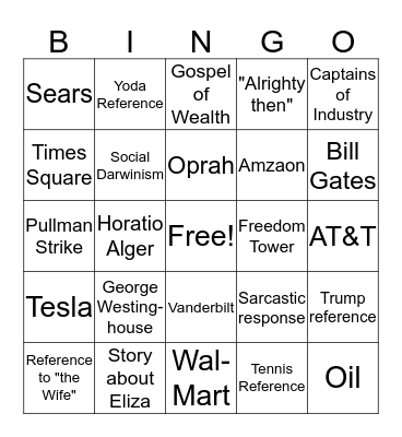 Gilded Age Bingo Card