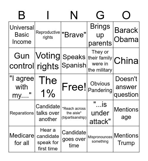 Dem Debate 2019 Bingo Card