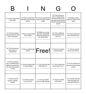 Aquarium BINGO Card
