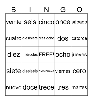 Días de la semana y números 0-20 Bingo Card