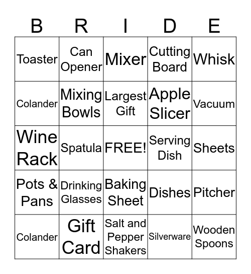 Jessica's Bridal Bingo Card